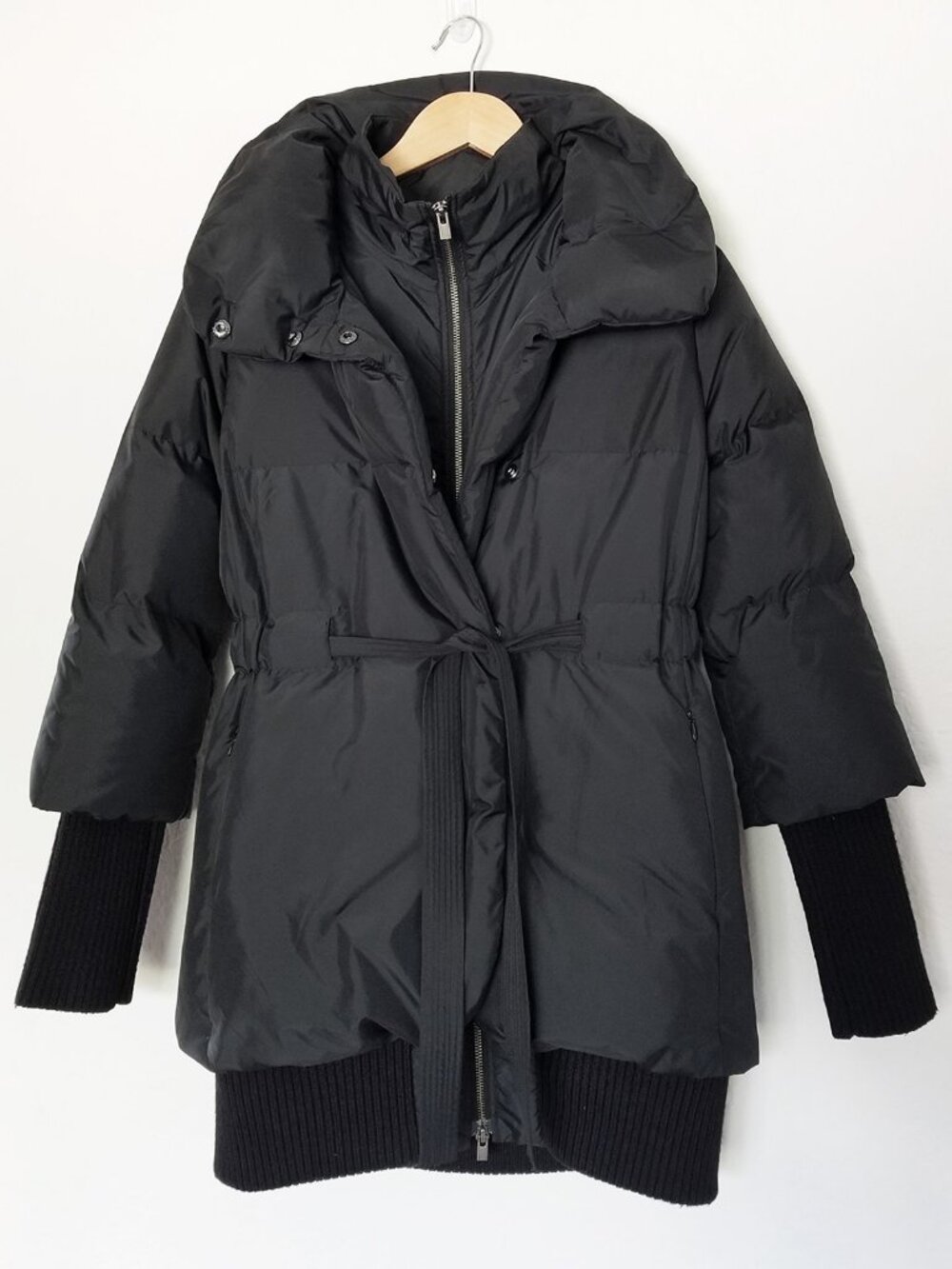 Theory Sladen Heavenly Belted Down Puffer Coat Jacket S Black Wool Knit Trim$695